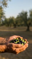 Farmer holding fresh harvested olives in hands with orchard grove in soft focus background during golden hour sunlight.