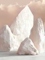 White geometric rock formations against soft pink sky background create minimalist abstract composition with natural textures and shapes for modern design projects.