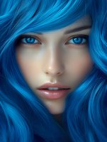 Young woman with bright blue hair and striking blue eyes in artistic portrait. Ethereal beauty with glowing skin and soft pink lips against dark background.