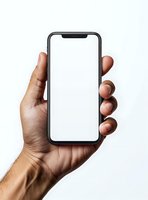 Male hand holding modern smartphone with blank white screen against white background. Isolated mockup for app and web design presentation.