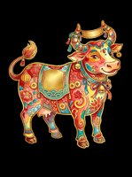Ornate decorative cow with vibrant red, gold, and turquoise patterns, isolated on transparent background. Ready for t-shirt design, clipart, stickers, sublimation, and print-on-demand products.
