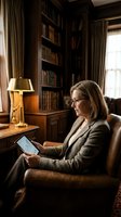 Mature woman with gray hair and glasses wearing a beige blazer sits in a leather armchair reading on a tablet in a traditional home library with dark wood bookshelves, brass lamp, and curtained windows.