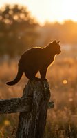 Cat silhouette sitting on wooden fence post during golden hour sunset with warm bokeh lights and peaceful countryside atmosphere for pet and nature themes.