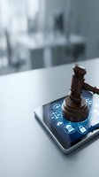 Wooden gavel resting on smartphone displaying legal icons and symbols, representing digital law, online justice, and technology in legal services for law firms.