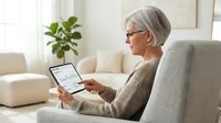 Senior woman with glasses using tablet computer while sitting comfortably in modern living room chair, browsing internet for online shopping or social media.