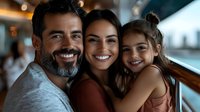 Adult male with dark hair and beard, adult female with dark hair, and young girl with light brown hair posing together on a boat deck with water and cityscape in background. Family bonding moment capturing joy and togetherness during leisure travel vacation.