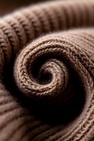 Rolled warm knitted fabric in beige color forming spiral pattern, close-up macro photography with soft focus and shallow depth of field for fashion design.