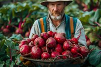 Mature Caucasian farmer in hat and suspenders holding fresh harvested organic red beets in rustic metal tray against green garden background.