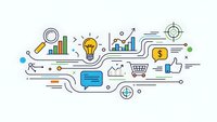 Digital marketing strategy infographic with analytics charts, lightbulb idea, shopping cart, dollar signs and business growth icons on white background.
