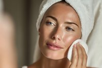 Woman with towel wrapped around head applying skincare product with cotton pad during morning beauty routine. Fresh, glowing complexion.