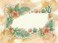 Tropical floral frame with palm leaves, hibiscus flowers, and seashells on aged watercolor background. Isolated design element suitable for invitations, cards, and decorative projects.