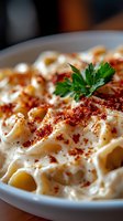 Creamy pasta dish with rigatoni in white sauce, topped with crispy bacon bits and fresh parsley garnish, served on white plate with selective focus and dark background.