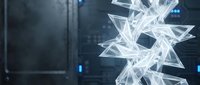 Futuristic holographic geometric structure with glowing white triangular elements in modern tech environment for digital innovation concepts.
