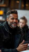 Smiling middle-aged African American man with gray beard in casual sweater giving thumbs up gesture at cafe table with warm bokeh background.