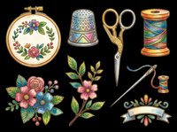 Embroidery supplies collection featuring hoop, thimble, scissors, thread spool, needles, and floral designs isolated on transparent background. Ready for t-shirt designs, clipart, stickers, and print-on-demand products.