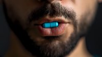 Close up of bearded man holding blue glowing pill between lips against dark background, futuristic medical concept highlighting pharmaceutical innovation.