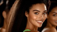 Young African American woman with natural curly hair and radiant smile against warm background, glowing skin and bright expression for beauty and lifestyle content.
