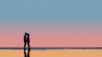 Romantic couple silhouettes walking on beach at sunset with pink and blue sky colors reflecting on wet sand creating peaceful intimate moment.