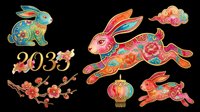 Colorful decorative rabbits and lunar new year elements with ornamental patterns, isolated on transparent background. Ready for t-shirt design, clipart, stickers, print-on-demand, and sublimation projects.