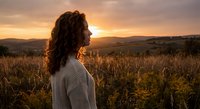 Young woman with curly hair in white sweater enjoying golden hour sunset in rural landscape with mountains and grassland for wellness and lifestyle content.
