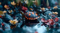 Small turtle swimming in dark water among fallen autumn leaves and water plants, creating magical reflection on water surface in moody blue tones.