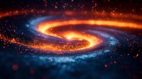 Glowing spiral galaxy with orange and blue cosmic dust particles swirling in deep space, creating dynamic motion effect against dark background. Suitable for astronomy themes.