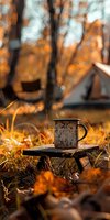 Vintage enamel mug on wooden surface in autumn forest setting with golden foliage and warm sunlight, suitable for camping and outdoor lifestyle content.