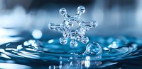 Macro photography of snowflake crystal floating above water surface with water drops and ripples in cool blue tones, showing intricate frozen pattern details.