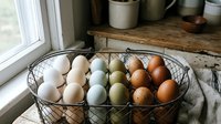 Fresh farm eggs in various natural colors displayed in wire basket on rustic kitchen counter near window with vintage ceramic crocks in background.