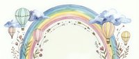Watercolor rainbow with hot air balloons and floral elements on transparent background, isolated clipart for nursery decor and children's design projects.