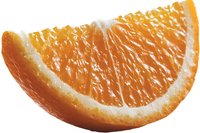 Fresh juicy orange slice with visible pulp segments and white pith, isolated on white background for food and beverage marketing or packaging design.