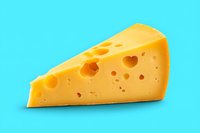 Yellow cheese wedge with holes on bright turquoise background, appetizing dairy product close-up view for food industry and culinary designs.