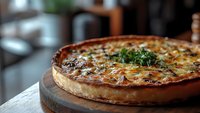 Homemade quiche with golden crust and fresh herbs on wooden board in modern kitchen setting for culinary blogs and restaurant menus.