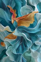 Abstract flowing fabric-like forms in teal blue and golden orange with textured line work creating an organic wave pattern for luxury design backgrounds.