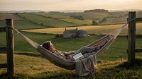 Man relaxing in hammock overlooking rural farmland landscape at golden hour, peaceful countryside retreat for wellness and outdoor lifestyle concepts.