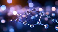 Glowing molecular structure with connected nodes on dark blue background with bokeh lights, representing scientific research and innovation in chemistry.