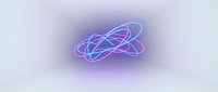 Glowing neon atomic structure with orbiting electrons on purple gradient background for science technology and physics concepts.
