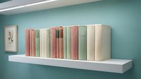 Collection of vintage pastel books arranged on white floating shelf against turquoise wall creating minimalist home library aesthetic for interior design.
