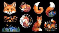 Cute fox clipart set isolated on transparent background, featuring sleeping, sitting, and playful foxes with floral accents, ready for stickers, t-shirt design, and print on demand.