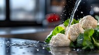 Fresh cauliflower florets with green leaves being washed in splashing water stream against dark background, macro food photography with water drops.