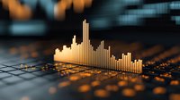 Glowing golden financial chart bars rising on digital grid surface with bokeh background effect. Data visualization for business analytics and market trends.