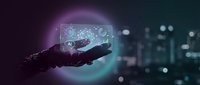 Businessman hand holding digital globe with network connections and glowing icons, representing global technology, data connectivity, and innovation in business environment.