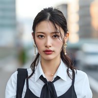 Young Asian businesswoman in professional attire with white shirt and black tie standing confidently in urban business district for corporate marketing.