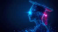 Glowing blue and pink holographic graduate silhouette with mortarboard cap against dark background, representing education and future technology achievement.