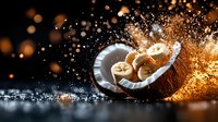 Fresh coconut halves with splash of water and golden light explosion against dark background, dramatic food photography with bokeh effect and water drops.