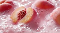 Fresh juicy peach slices in creamy pink yogurt with bubbles, creating a refreshing summer dessert or smoothie ingredient.