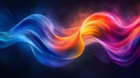 Vibrant flowing waves of colorful light creating dynamic abstract curves against dark background, featuring blue, orange, red and purple gradient effects for modern design.