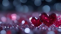Red crystal hearts on sparkling surface with romantic bokeh lights in blue and pink tones, macro photography for Valentine's Day cards and love concepts.