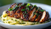 Sliced grilled chicken breast with caramelized glaze served on creamy pesto pasta, garnished with fresh herbs on white plate, close-up food photography.