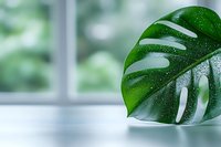 Fresh monstera leaf with water drops on white surface against blurred green background, creating minimalist botanical composition for wellness and spa designs.